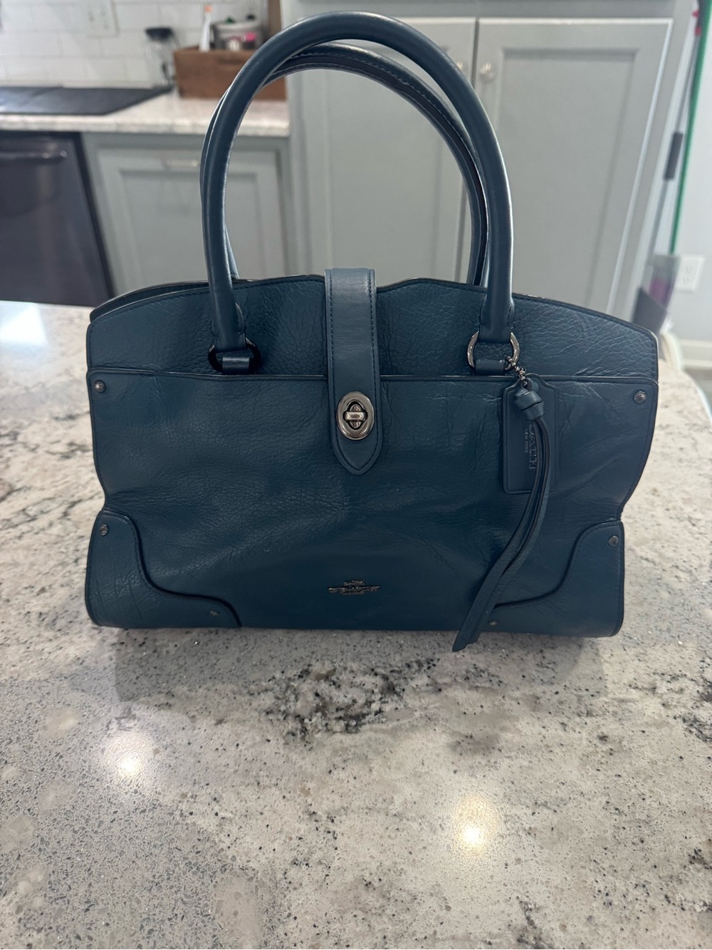 Coach Teal Blue Leather Turnlock Satchel